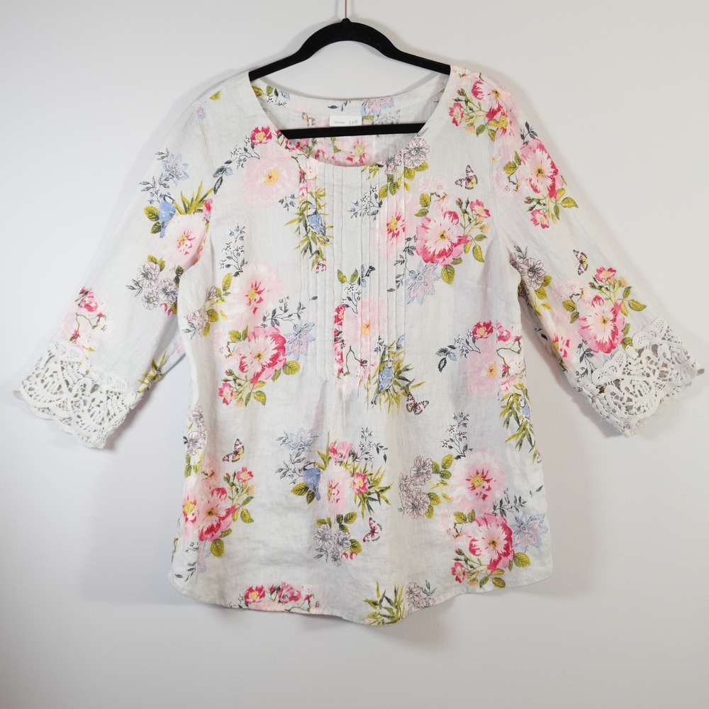 J. Jill Love Linen Floral Blouse Lace Cutout Sleeve Boho Cottagecore Top L